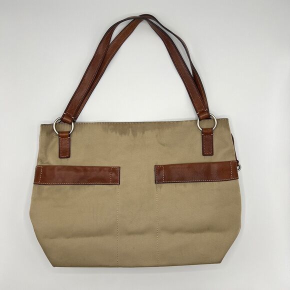 Fossil Tote 1954 Khaki Tan Twill Large Shoulder Bag Brown Leather Trim ZB9495 - Picture 2 of 12
